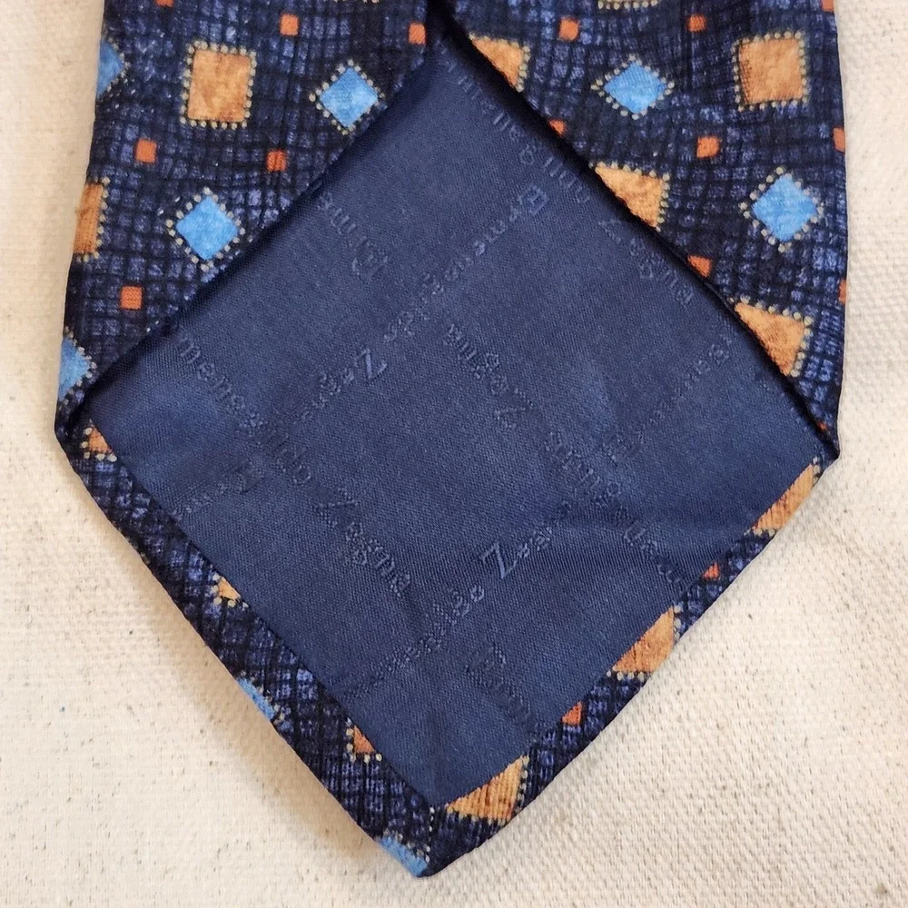 Ermenegildo Zegna Men's Silk Necktie Blue Brown Geometric Pattern Italian Design